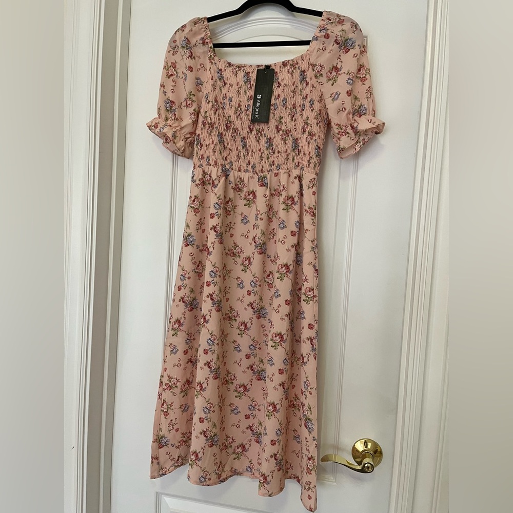 Allegra K Women’s Square Neck Puff Sleeve Casual Smocked Floral Dress - XS